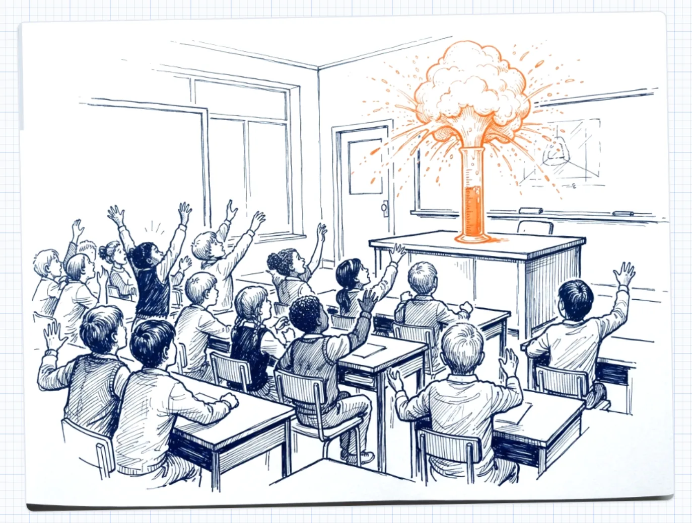 Tuschezeichnung aus LernQuelle: staunende Schulklasse vor einem aufschäumenden Experiment